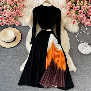 Long Sleeve Pleated Knitted Dress